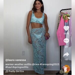 NWT Zara turquoise Crochet maxi skirt and crop top set size S. Blogger Fave!